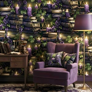 May include: A reading corner with a purple armchair, a floor lamp, and a patterned rug. The wallpaper shows stacks of books, grapes, candles, and foliage. Decorative pillows with grape designs complement the theme.