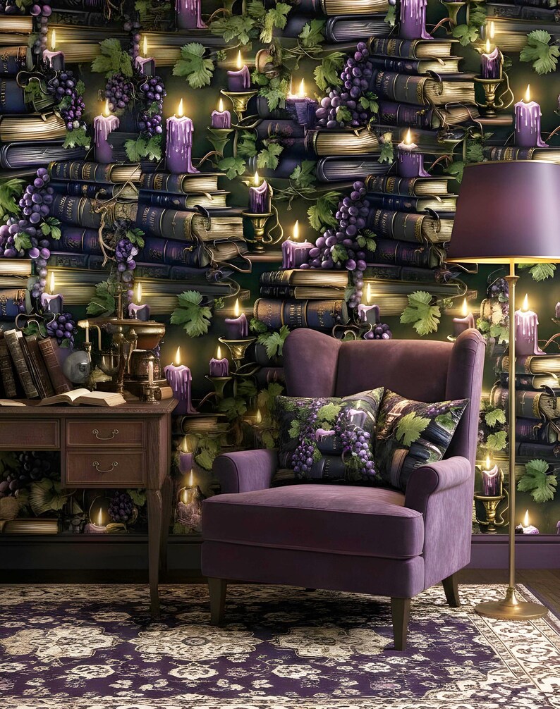 May include: A reading corner with a purple armchair, a floor lamp, and a patterned rug. The wallpaper shows stacks of books, grapes, candles, and foliage. Decorative pillows with grape designs complement the theme.