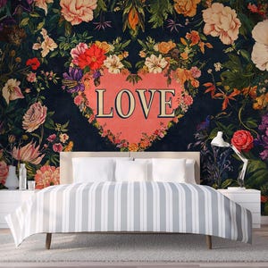 Bedroom Wallpaper Romantic Floral Love Peel Stick Mural Dark Flower Wallpaper, Customizable Wallpaper Text