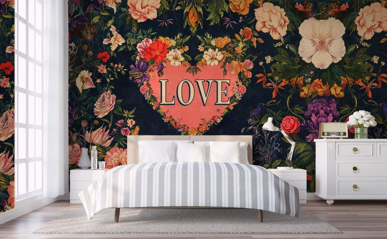 Bedroom Wallpaper Romantic Floral Love Peel Stick Mural Dark Flower Wallpaper, Customizable Wallpaper Text