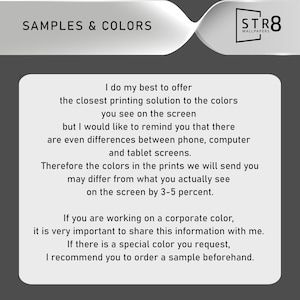 May include: Image with the text "SAMPLES & COLORS" and "STR8 WALLPAPERS". The text on the image explains that the colours in prints may differ from what is seen on screen by 3-5 percent. It recommends ordering a sample beforehand.