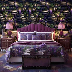 May include: A bedroom with a purple and dark blue theme. The bed features a buttoned headboard and is dressed with a patterned duvet and pillows. A trunk is at the bed's foot, and the walls are adorned with wallpaper depicting books, candles, and grapes.
