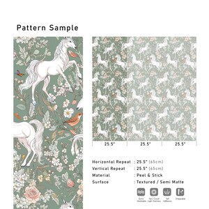 May include: A pattern sample of peel and stick wallpaper featuring white unicorns, birds, and floral elements on a muted green background. The horizontal and vertical repeat is 25.5 inches. The surface is textured and semi-matte.