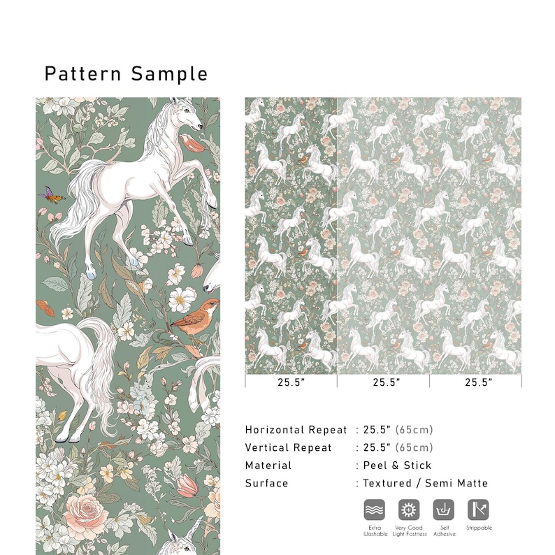 May include: A pattern sample of peel and stick wallpaper featuring white unicorns, birds, and floral elements on a muted green background. The horizontal and vertical repeat is 25.5 inches. The surface is textured and semi-matte.