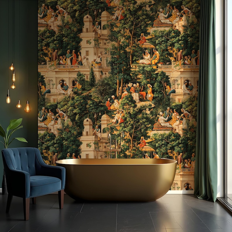 May include: A gold-colored, oval-shaped bathtub is the focal point of this image, set against a detailed mural depicting a historical scene with figures and architecture. A blue armchair and dark flooring complete the luxurious bathroom setting.
