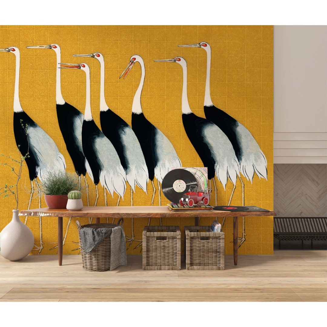 Cranes Peel Stick Wallpaper, Yellow Heron Wall Mural, Chinese Bird