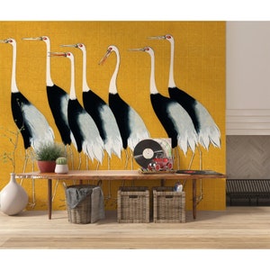 Cranes peel stick wallpaper, yellow heron wall mural, chinese bird, abstract boho wall mural Peel and stick wallpaper,