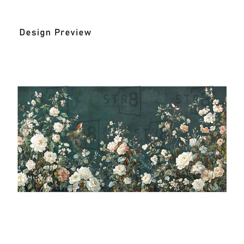 Vintage Dark Green Chinoiserie Flower Wallpaper, Botanic Mural, Removable Peel and Stick Wall Mural