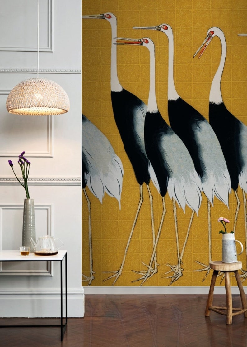 Cranes Peel Stick Wallpaper, Yellow Heron Wall Mural, Chinese Bird
