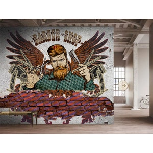 Peel stick wallpaper, barber shop wallpaper, coiffeur mural, hairdresser, bathroom, boho retro, painting bathroom, removable