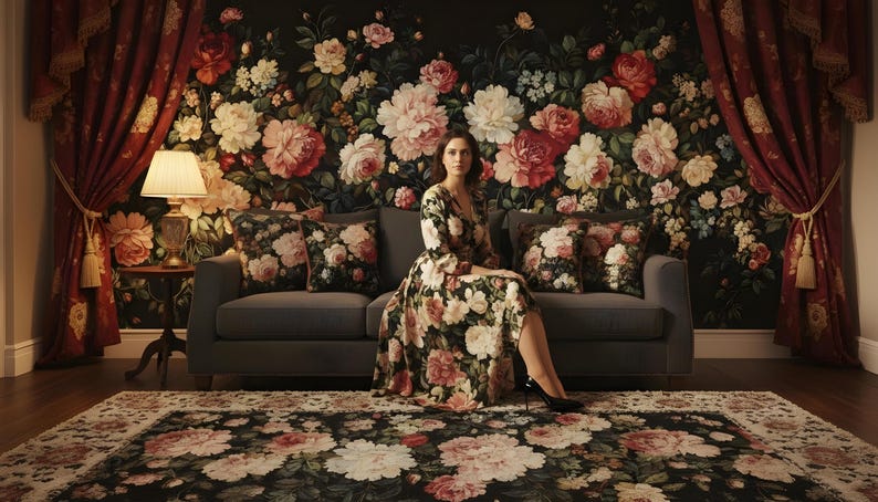 May include: A woman sits on a gray sofa in a room with floral wallpaper and matching pillows. She wears a floral dress. A floral rug and red curtains complete the elegant, vintage-inspired decor.