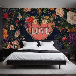 Bedroom Wallpaper Romantic Floral Love Peel Stick Mural Dark Flower Wallpaper, Customizable Wallpaper Text