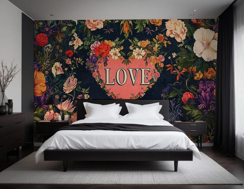 Bedroom Wallpaper Romantic Floral Love Peel Stick Mural Dark Flower Wallpaper, Customizable Wallpaper Text