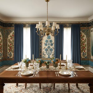 May include: A dining room with a large wooden table set for a meal. Blue curtains frame the windows, and the walls are decorated with floral patterns. A chandelier hangs above the table, and floral centerpieces add color.