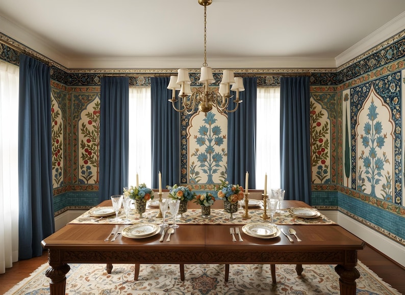 May include: A dining room with a large wooden table set for a meal. Blue curtains frame the windows, and the walls are decorated with floral patterns. A chandelier hangs above the table, and floral centerpieces add color.