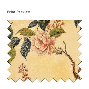 May include: A vintage floral print fabric featuring a large pink flower with green leaves and stems on a cream background.
