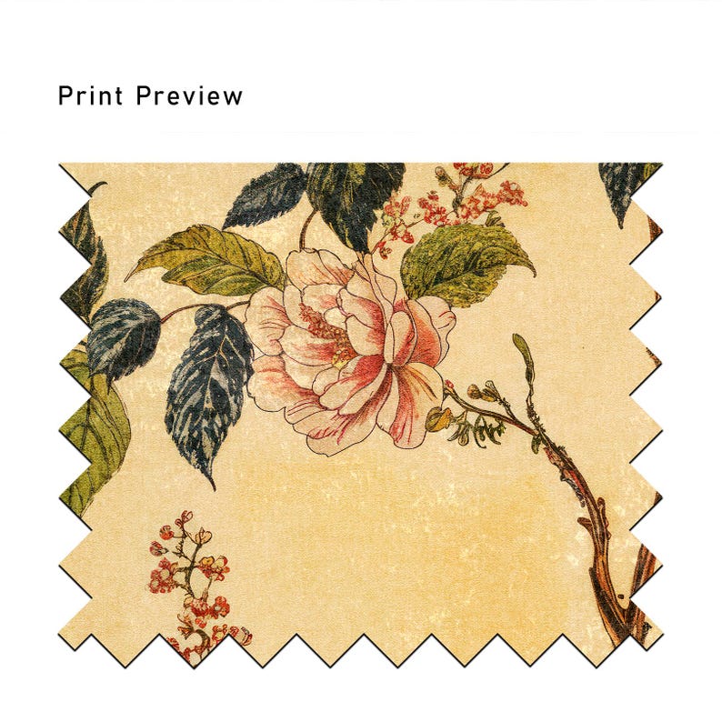 May include: A vintage floral print fabric featuring a large pink flower with green leaves and stems on a cream background.