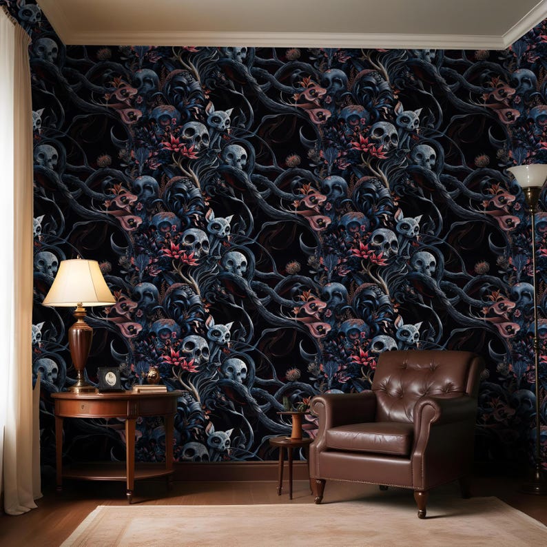 May include: A dark blue and black wallpaper with a repeating pattern of skulls, flowers, and vines. The wallpaper has a gothic and spooky aesthetic.