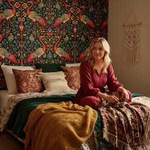 May include: A bedroom scene featuring a woman sitting on a bed with decorative pillows and a patterned blanket. A mustard yellow knitted throw and a dark green quilted blanket are also on the bed. The wall behind the bed has a colorful tapestry with birds.
