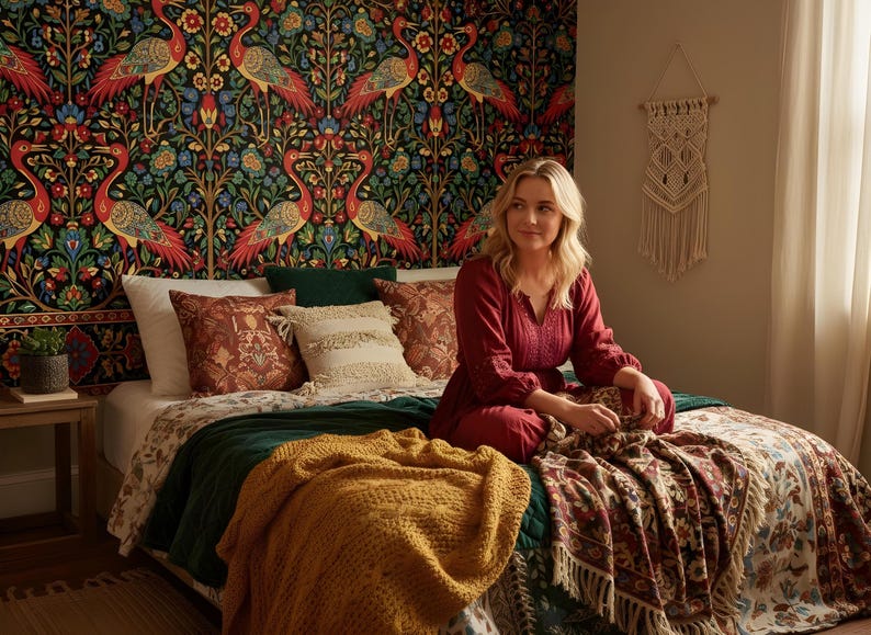 May include: A bedroom scene featuring a woman sitting on a bed with decorative pillows and a patterned blanket. A mustard yellow knitted throw and a dark green quilted blanket are also on the bed. The wall behind the bed has a colorful tapestry with birds.