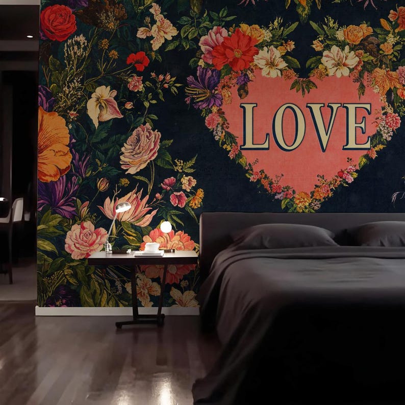 Bedroom Wallpaper Romantic Floral Love Peel Stick Mural Dark Flower Wallpaper, Customizable Wallpaper Text