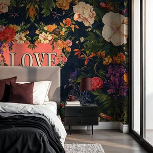Bedroom Wallpaper Romantic Floral Love Peel Stick Mural Dark Flower Wallpaper, Customizable Wallpaper Text