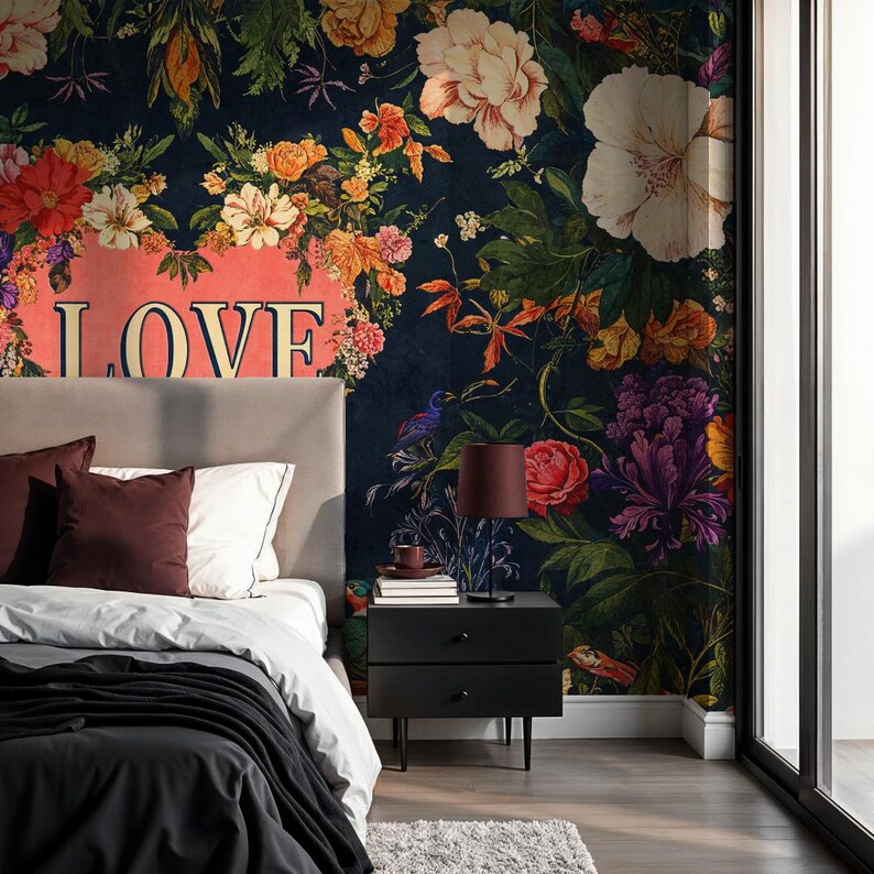 Bedroom Wallpaper Romantic Floral Love Peel Stick Mural Dark Flower Wallpaper, Customizable Wallpaper Text