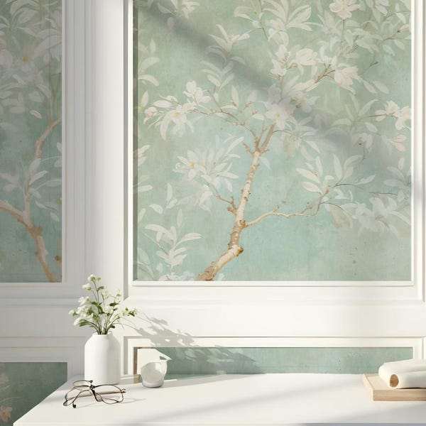 Ljusgrön Chinoiserie-tapet, Botanisk väggmålning - Avtagbar självhäftande stift och traditionell