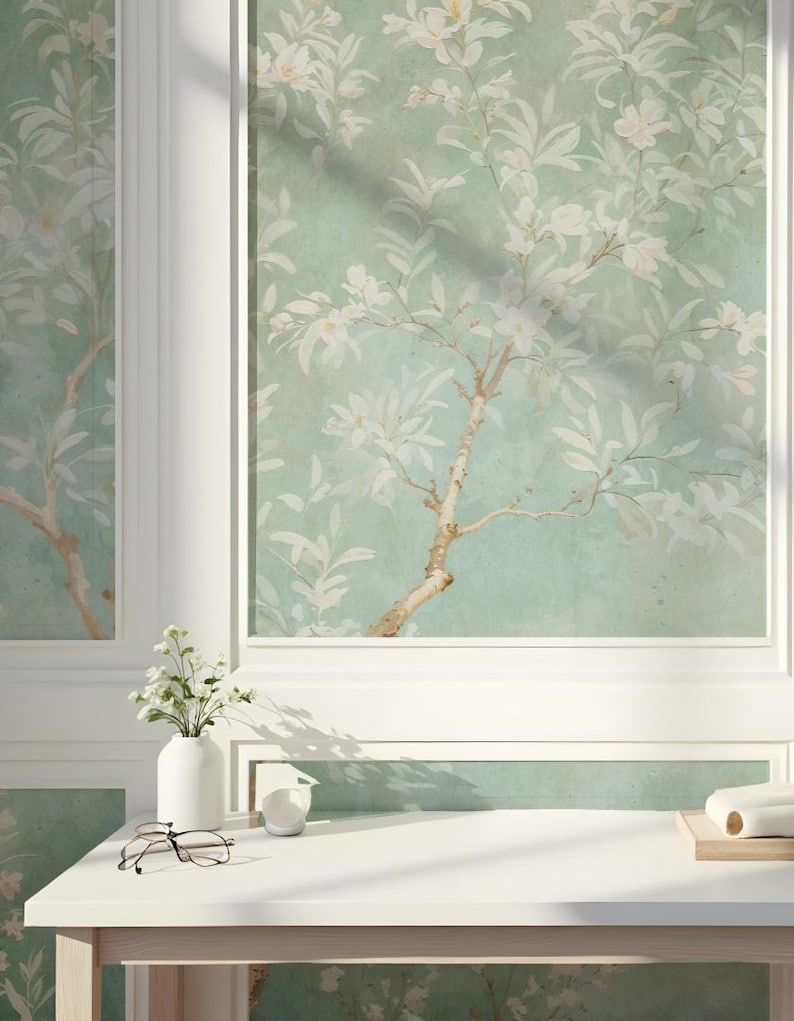 Puede incluir: Un escritorio blanco con un jarr&oacute;n de flores blancas, un par de gafas y un objeto blanco en la parte superior. El escritorio est&aacute; frente a una pared con un papel tapiz floral verde y blanco.