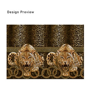 May include: A seamless pattern featuring two golden brown leopards with black spots, facing forward with their mouths open, set against a background of a leopard print. The leopards are framed by a gold chain link border with a Greek key design.