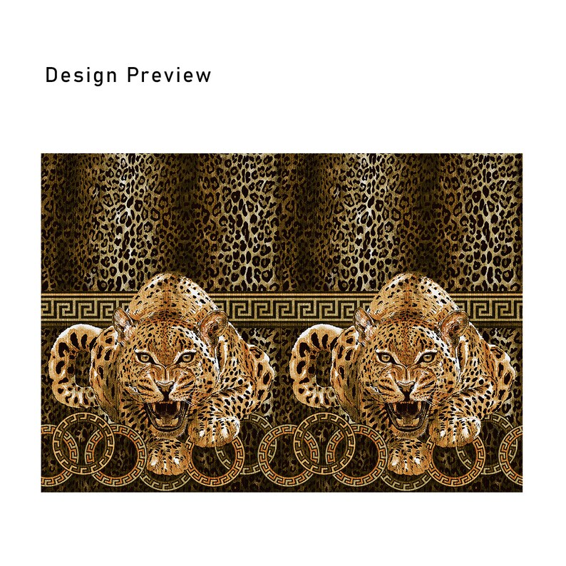 May include: A seamless pattern featuring two golden brown leopards with black spots, facing forward with their mouths open, set against a background of a leopard print. The leopards are framed by a gold chain link border with a Greek key design.
