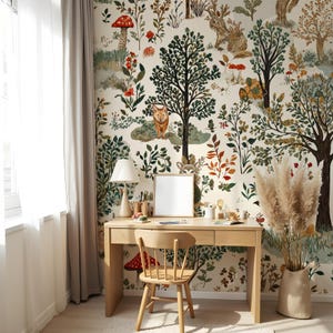 May include: A whimsical woodland mural featuring a variety of trees, flowers, mushrooms, and animals, including a wolf and a rabbit. The mural is painted in a soft, muted color palette and is perfect for adding a touch of nature to any room.