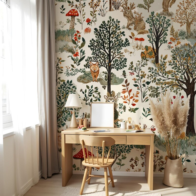 May include: A whimsical woodland mural featuring a variety of trees, flowers, mushrooms, and animals, including a wolf and a rabbit. The mural is painted in a soft, muted color palette and is perfect for adding a touch of nature to any room.