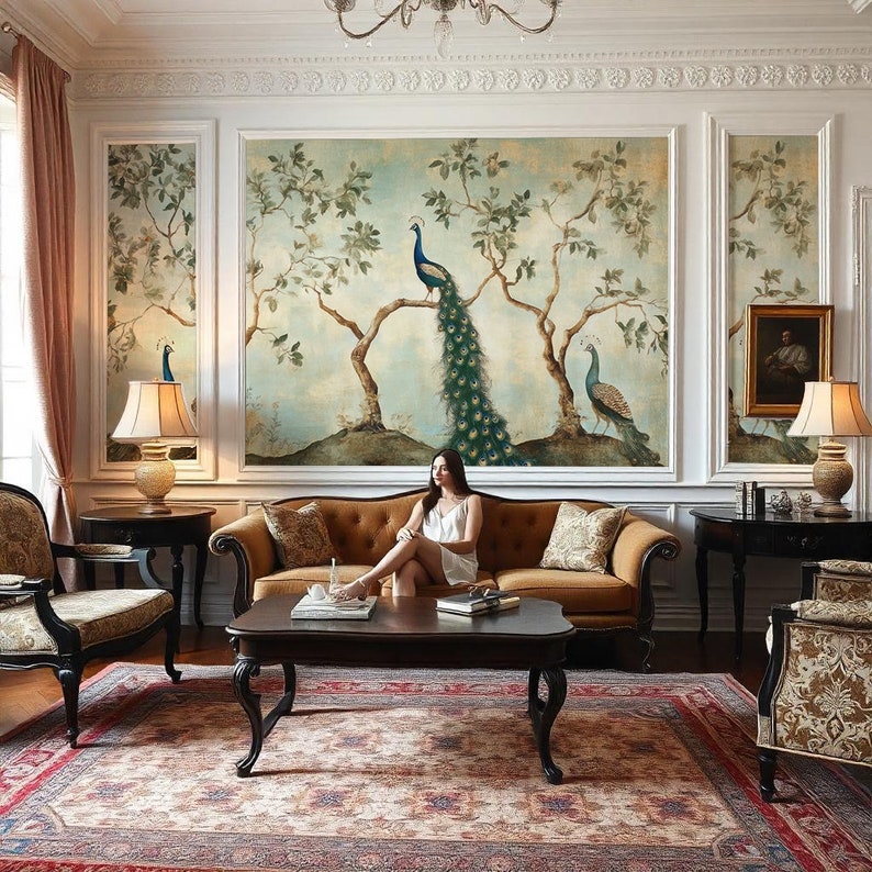 May include: A living room interior with a brown leather sofa, a coffee table, two armchairs, and a large wall mural featuring peacocks in a tree. The room is decorated in a traditional style with ornate moldings and a patterned rug.