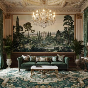 Peut inclure: Un salon formel avec un canap&eacute; en velours vert profond, une table basse en marbre blanc sur pieds dor&eacute;s et une grande fresque paysag&egrave;re au mur. Un lustre en cristal est suspendu au-dessus, entour&eacute; de rideaux verts et de palmiers en pot.