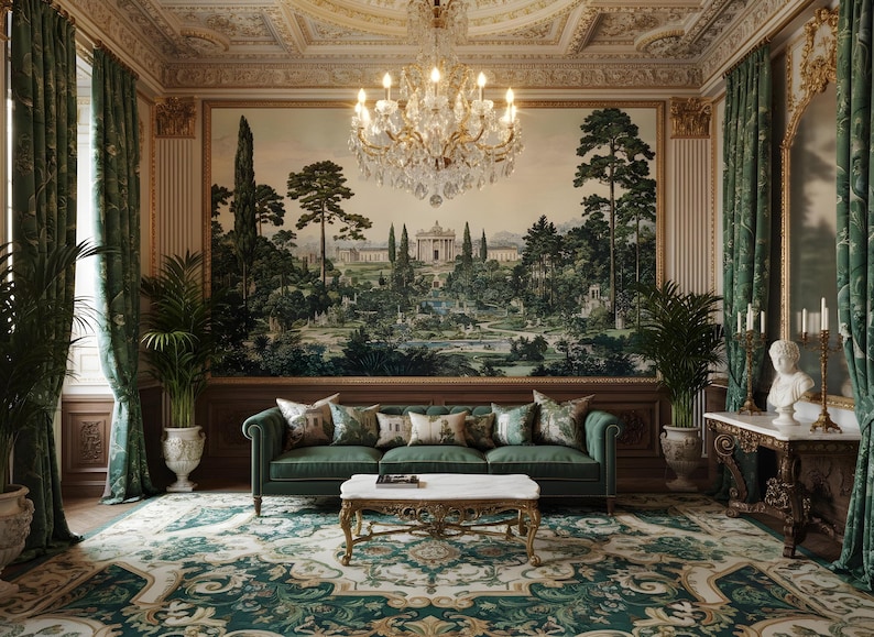 Peut inclure: Un salon formel avec un canap&eacute; en velours vert profond, une table basse en marbre blanc sur pieds dor&eacute;s et une grande fresque paysag&egrave;re au mur. Un lustre en cristal est suspendu au-dessus, entour&eacute; de rideaux verts et de palmiers en pot.