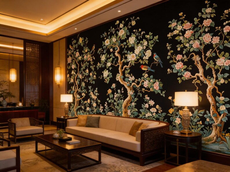 May include: A luxurious living room featuring a black floral mural with pink and white blossoms and birds. A beige sofa with decorative pillows sits in front of the mural. The room includes a dark wood coffee table, chairs, and lamps.