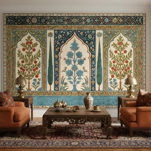 May include: An interior design scene featuring a large, ornate wall mural with floral and tree motifs in shades of blue, green, and red. Two orange armchairs flank the mural, with a dark wood coffee table and patterned rug completing the room's decor.