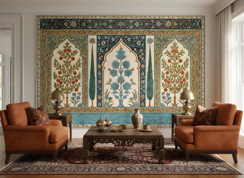 May include: An interior design scene featuring a large, ornate wall mural with floral and tree motifs in shades of blue, green, and red. Two orange armchairs flank the mural, with a dark wood coffee table and patterned rug completing the room's decor.