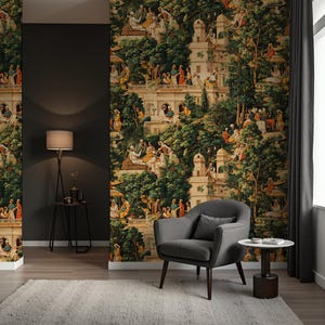 May include: A room with a detailed wallpaper featuring a historical scene with figures, buildings, and trees. A gray armchair, a small side table, and a floor lamp are in front of the wallpaper. A white rug covers the floor.