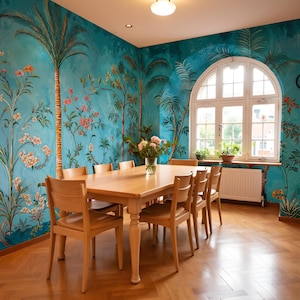 Teal Wallpaper, Tropical Rainforest Mural with birds, flowers and trees - Removable Peel Stick and Traditional