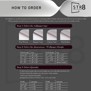 May include: Informational graphic titled "How to Order" for STR8 Wallpapers. It details wallpaper selection, dimensions, and quantity calculations. Includes options for Non Woven, Regular Vinyl, Canvas Vinyl, and Peel & Stick wallpaper types. Dimensions are listed in inches.