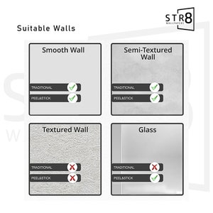 Op de afbeelding: Een grafiek die de geschiktheid van verschillende muurtypen voor traditionele en peel-and-stick behang laat zien. Gladde muren zijn geschikt voor zowel traditioneel als peel-and-stick behang. Semi-getextureerde muren zijn geschikt voor zowel traditioneel als peel-and-stick behang. Getextureerde muren zijn alleen geschikt voor traditioneel behang. Glas is alleen geschikt voor peel-and-stick behang.