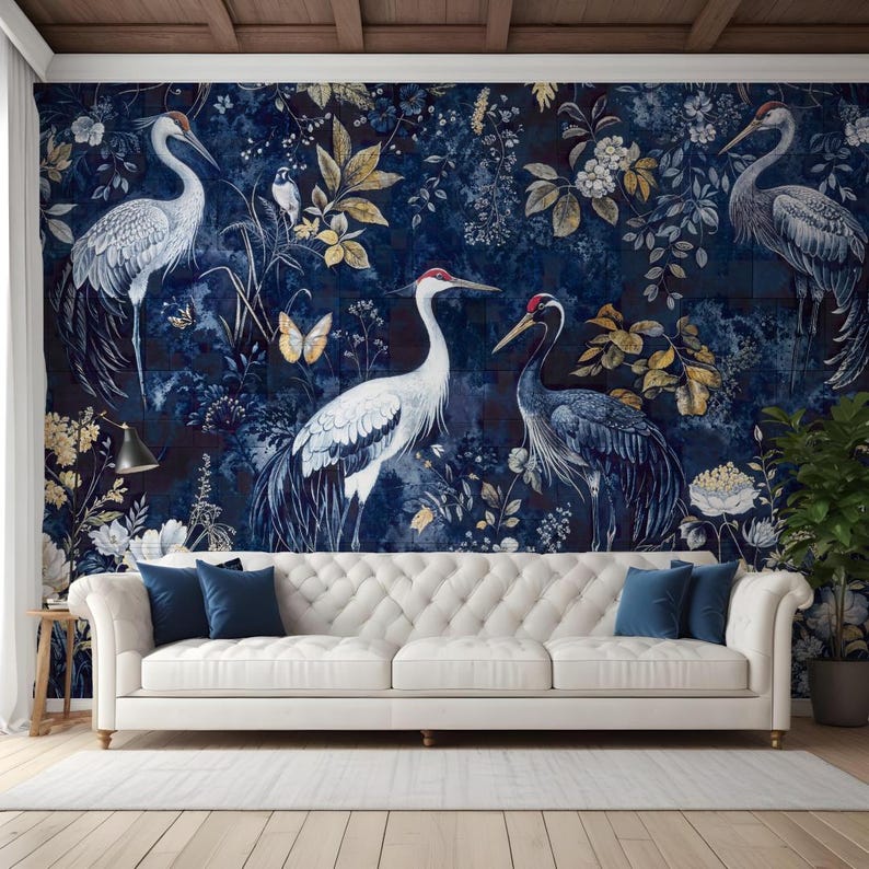 Marinblå tapet Heron Mural Chinoiserie Crane Peel Stick Avtagbar Vinyl Vanlig Tapetdekor bild 2
