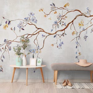 Chinoiserie blommig tapet: Vintage beige gren, självhäftande väggmålning bild 5