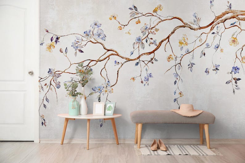 Chinoiserie blommig tapet: Vintage beige gren, självhäftande väggmålning bild 5