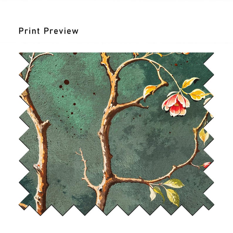 Op de afbeelding: Een stoffen staal met een botanische print. Het ontwerp toont bruine boomtakken en delicate roze en rode bloemen met gele bladeren tegen een gevlekte teal achtergrond. De woorden "Print Preview" staan bovenaan.