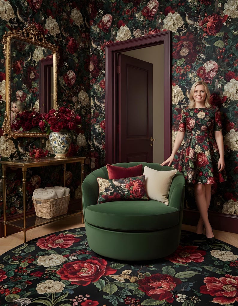 May include: A room with floral wallpaper and a matching rug. A green swivel chair has decorative pillows. A woman in a floral dress stands near the chair. A gold-framed mirror and a side table with a vase of flowers are also visible.