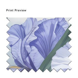 May include: A close-up of a purple iris flower with a green stem. The petals are soft and delicate, with a light blue hue.