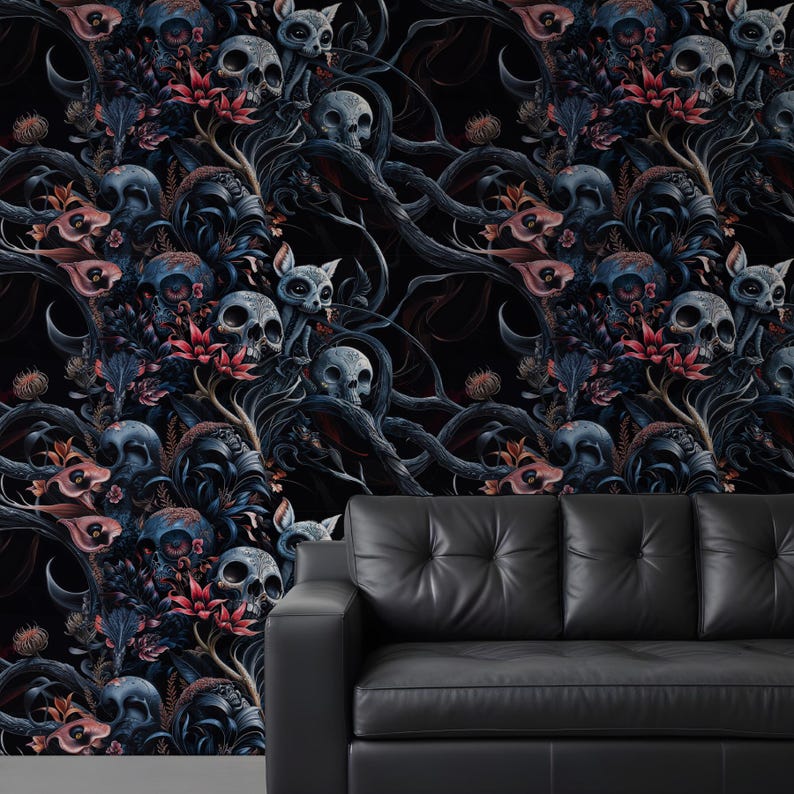 Dark Wallpaper Skulls and Flowers Gothic Art, Removable Textured Peel and Stick image 1
